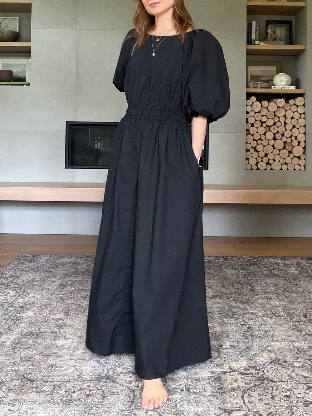 Banana Republic cotton poplin Black Puff-Sleeve Maxi Dress large